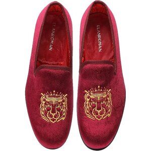 Elanroman Mens Size 10 Loafers Rich Red Velvet Embroidered Tiger Design
